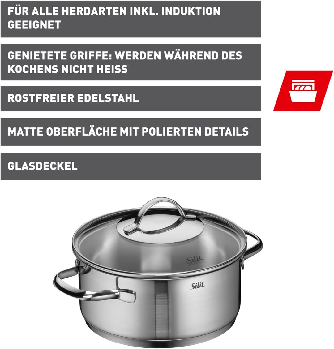 Silit Achat Kochtopf klein 20cm, Glasdeckel, Bratentopf Induktion 2,5l, Edelstahl teilmattiert, unbe