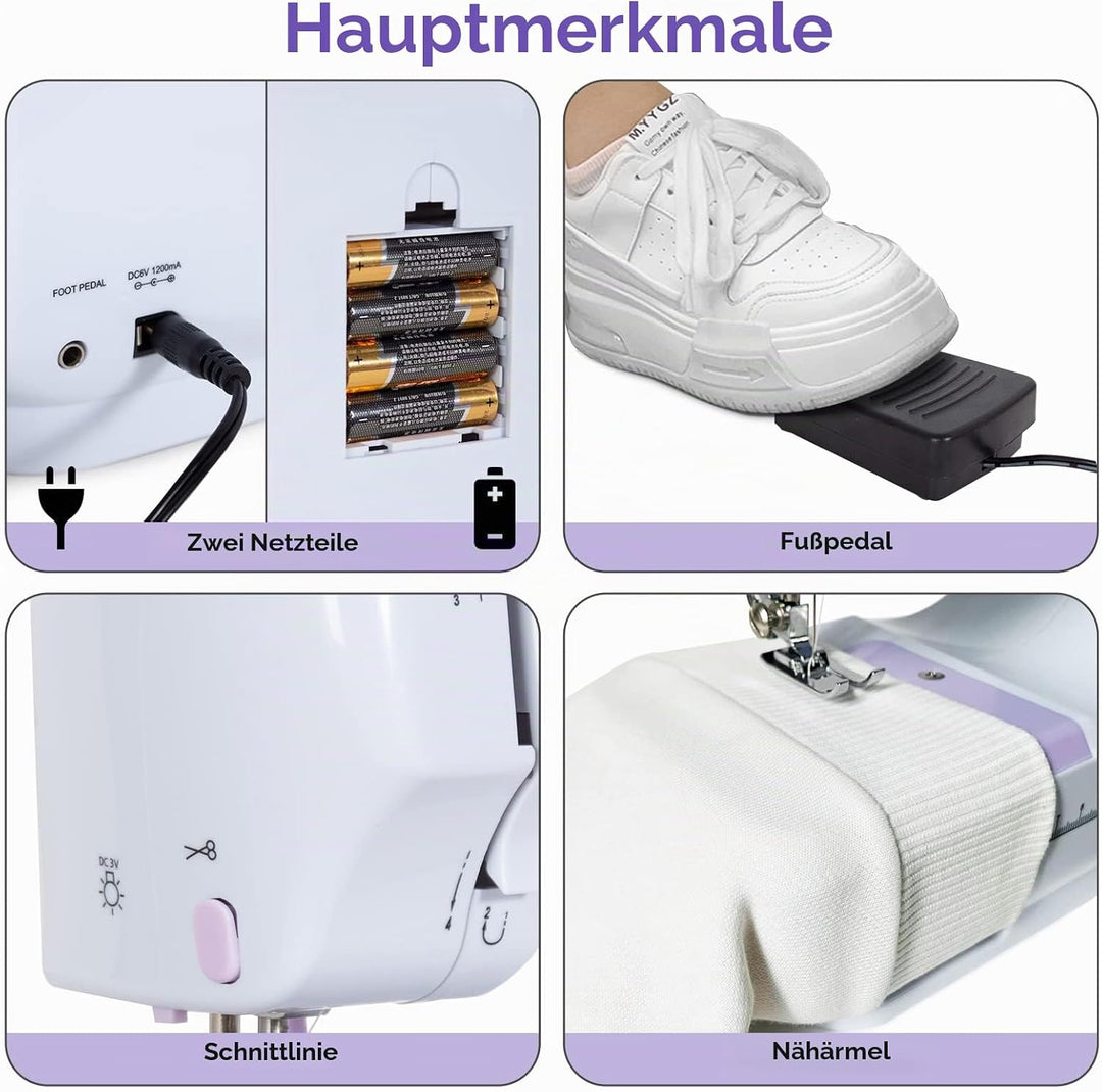 Todeco Nähmaschine für Anfänger und Kinder, 12 Stichmuster, Nähmaschine Klein mit Fusspedal Nählicht
