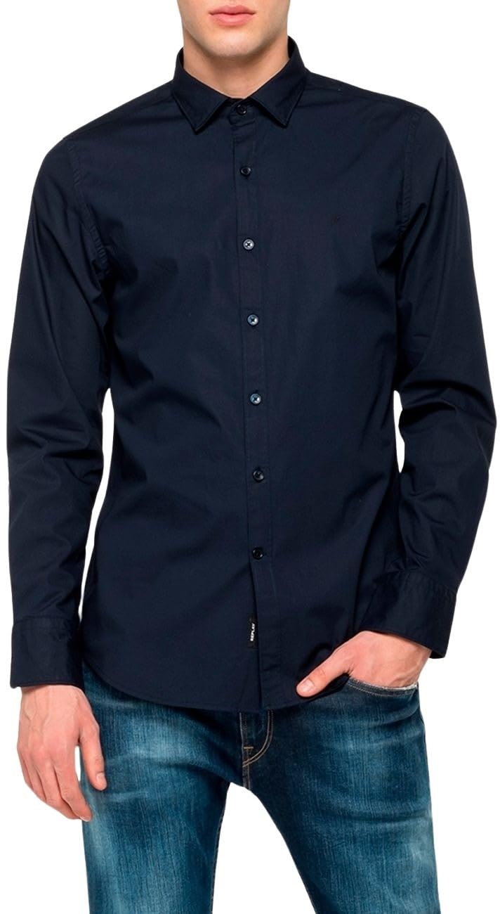 Replay Herren Hemd Langarm mit Stretch M Blue. 087, M Blue. 087