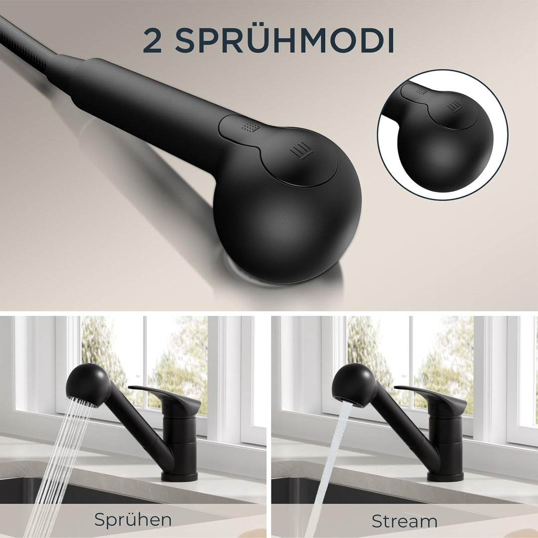 FORIOUS Wasserhahn Küche Schwarz, Edelstahl Spültischarmatur mit Brause, Einhebelmischer Küchenarmat