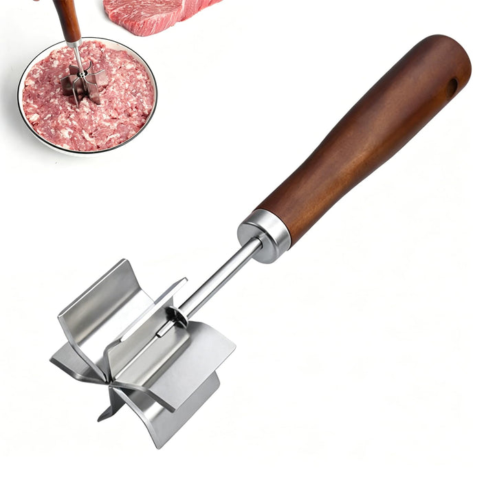 Kartoffelstampfer und Hackfleisch Zerkleinerer, 6 Edelstahlklingen Fleischwolf manuell mit Holzgriff