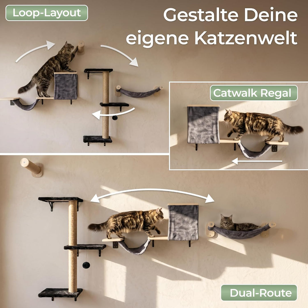 WOOWOOD® Kletterwand Katzen Set inkl. Katzentreppe Wand I Kratzbaum Wand I Hängematte Katze I Wandkr