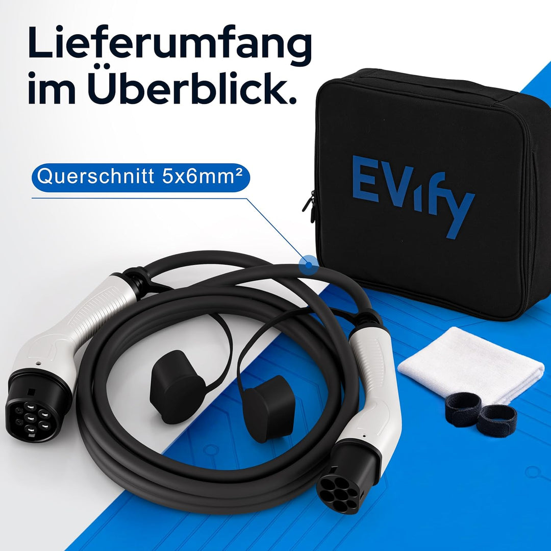 EVify Typ 2 Ladekabel 22kW 7M 32A für Elektroauto & Hybrid inkl. Kabeltasche • Kabel 3 phasig für EV