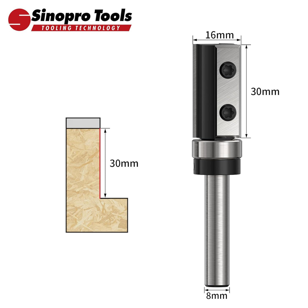 Sinoprotools Wendeplatten Bündigfräser HW – 8 mm Schaft, 16 mm Schneidendurchmesser, 30 mm Schneiden