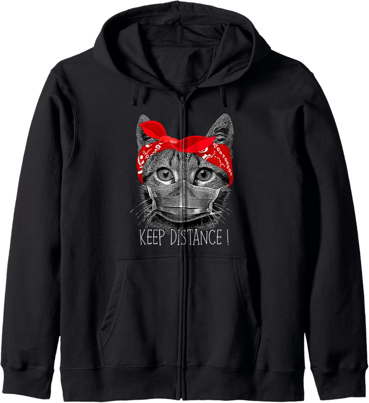 Abstand Halten - Katze Kätzchen mit Mundschutz Gesichtsmaske Kapuzenjacke