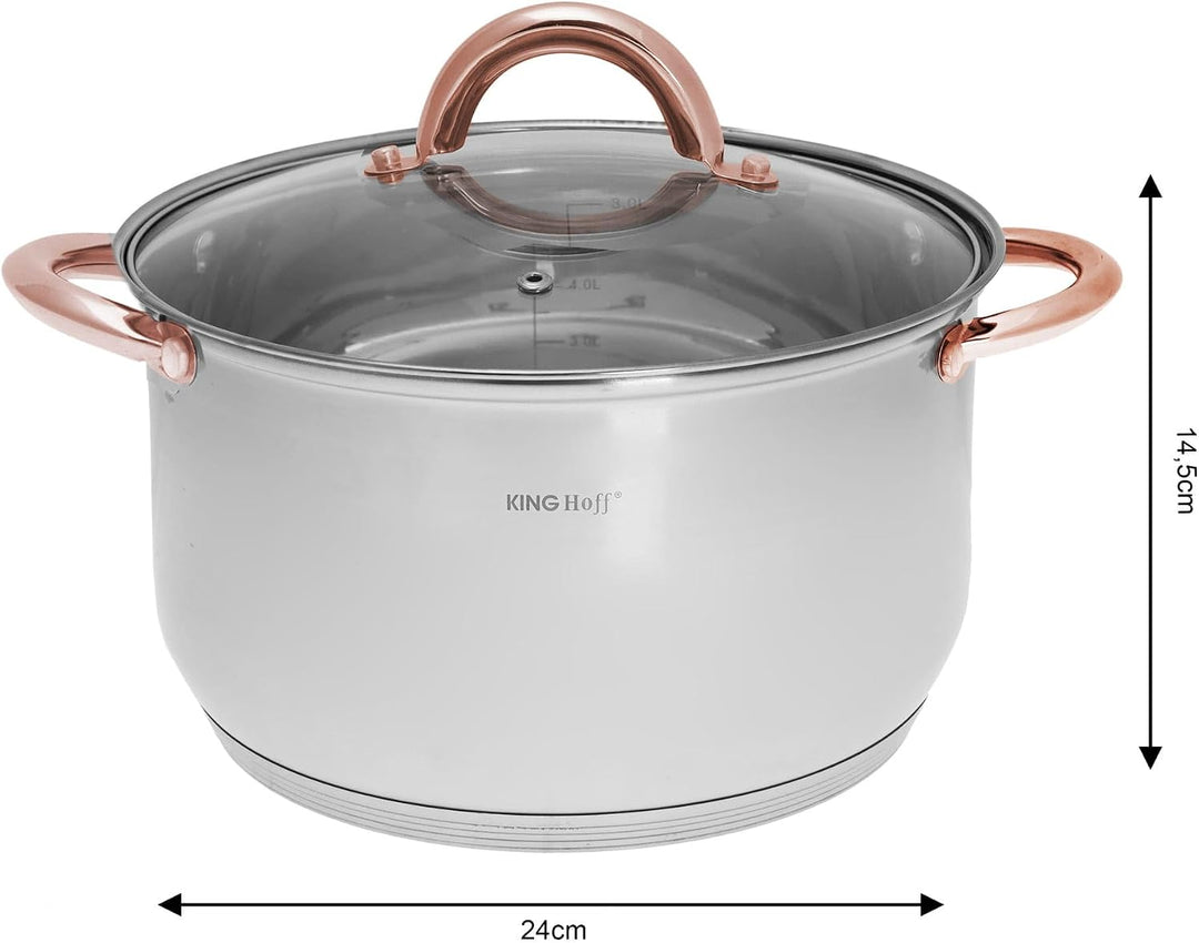 Kinghoff Topfset Induktion, Kochtopf Set mit Glasdeckel, Kochgeschirr aus Edelstahl aussen mattiert,