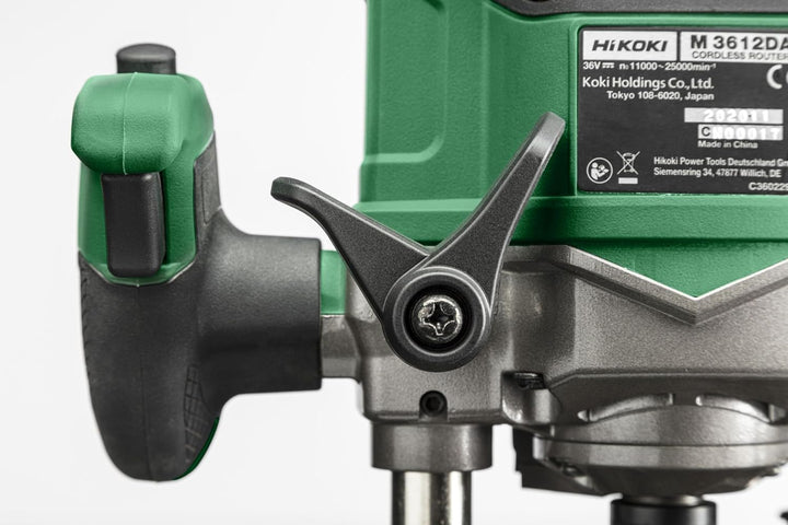 HiKOKI Akku-Oberfräse M3612DA (36V, Spannzange Ø 8/12 mm, 50 mm Hubhöhe, Brushless, Soft-touch, LED,