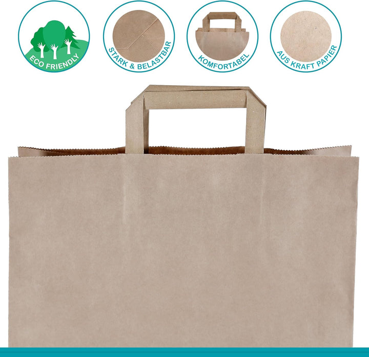 Commerline Papiertüten 250 Stück, Braun, 32+16x44 cm | Kraftpapier Tüten Klein Mit Henkel | Tragetas