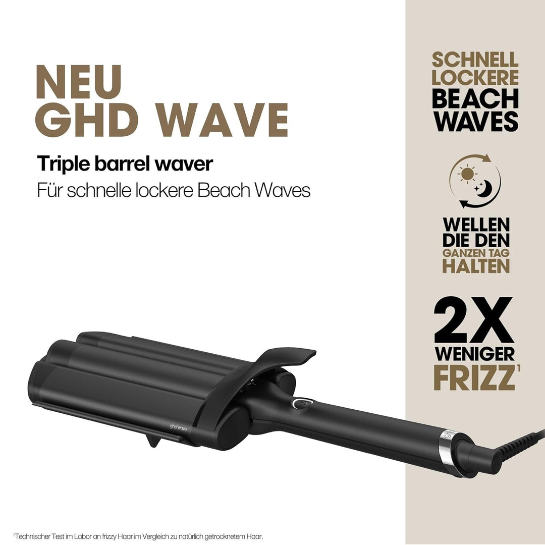 ghd triple barrel waver in schwarz – für schnelle, lockere Beach Waves, die den ganzen Tag halten, w