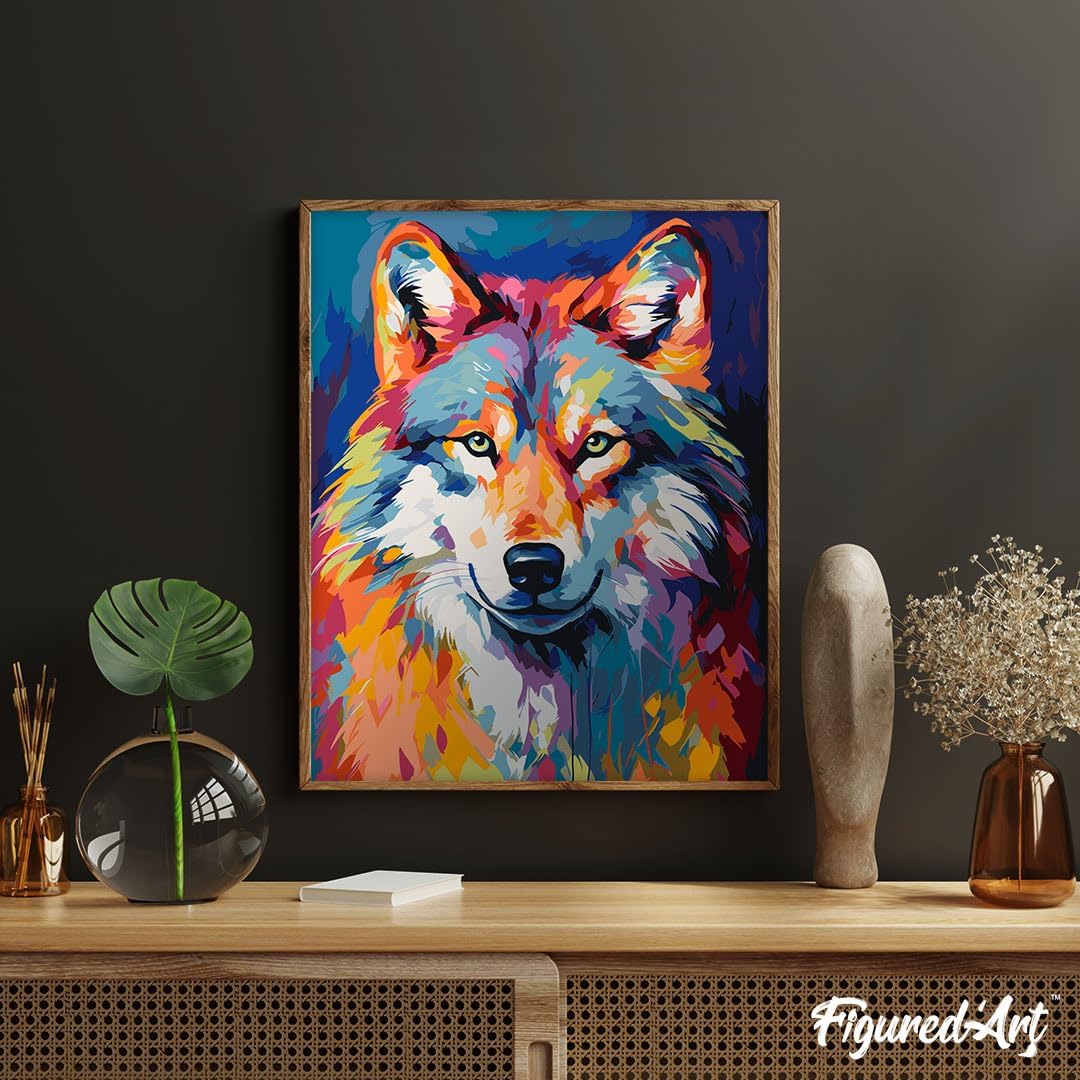 Figured'Art Malen Nach Zahlen Erwachsene Mit Rahmen Wolf Farbenfroh Abstrakt - Paint by Numbers Bast