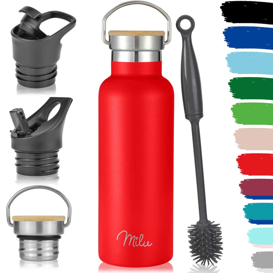 Milu Edelstahl Trinkflasche 350ml 500ml 750ml 1000ml (+3 Deckel) - Thermosflasche mit Strohhalm, Iso