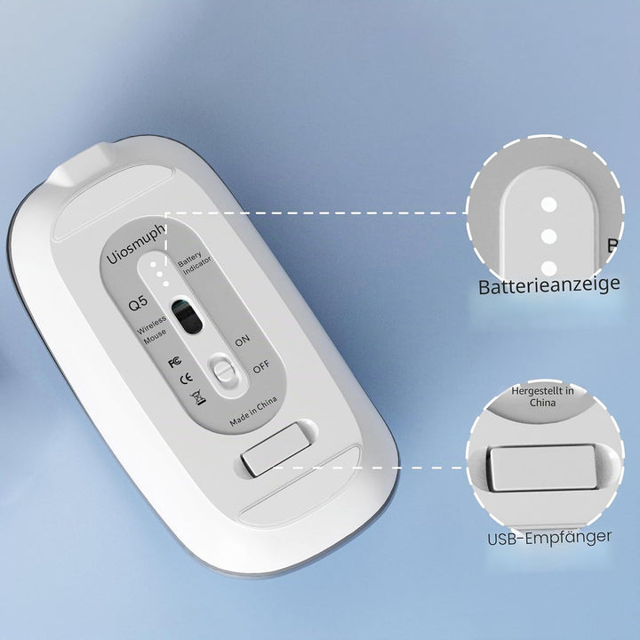 Uiosmuph Q5 Kabellos Maus, Wiederaufladbar Funkmaus 2.4G Leise Funkmaus Ultra Dünn Wireless Computer
