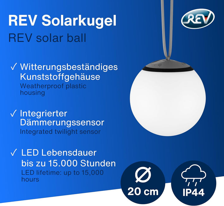 REV LED Solarkugel für aussen zum Aufhängen - Ø 20cm, 20lm, 3000K, IP44 spritzwassergeschützt - idea