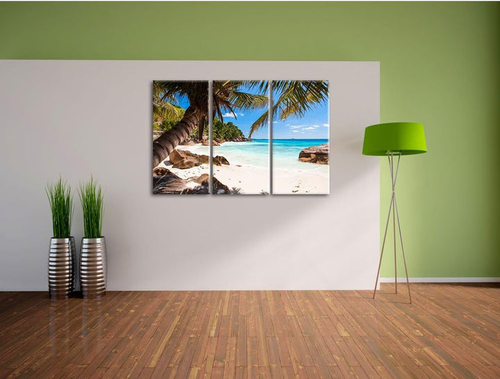Pixxprint Palmenstrand Seychellen als Leinwandbild | Grösse: 3 Teilig (120x80) | Wandbild| Kunstdruc