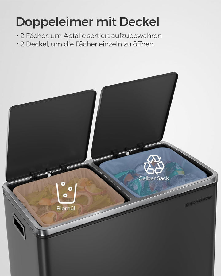SONGMICS Mülleimer für die Küche, 2 x 30 L, Abfalleimer mit 2 Fächern, Mülltrennung, schwarz