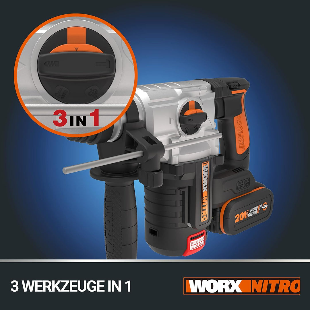 WORX NITRO WX380 Akku-Bohrhammer 20V - zum Bohren, Hammerbohren & Meisseln - bürstenloser Motor - st
