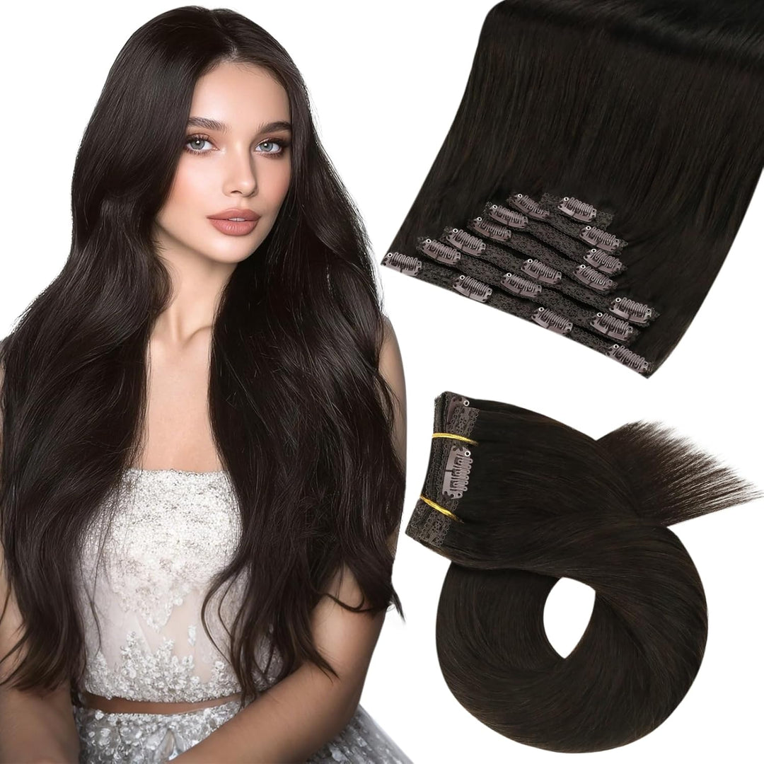 Moresoo Clip in Extensions Braun Remy Echthaar Haarverlängerung Clip in Extensions Echthaar Dunkelst