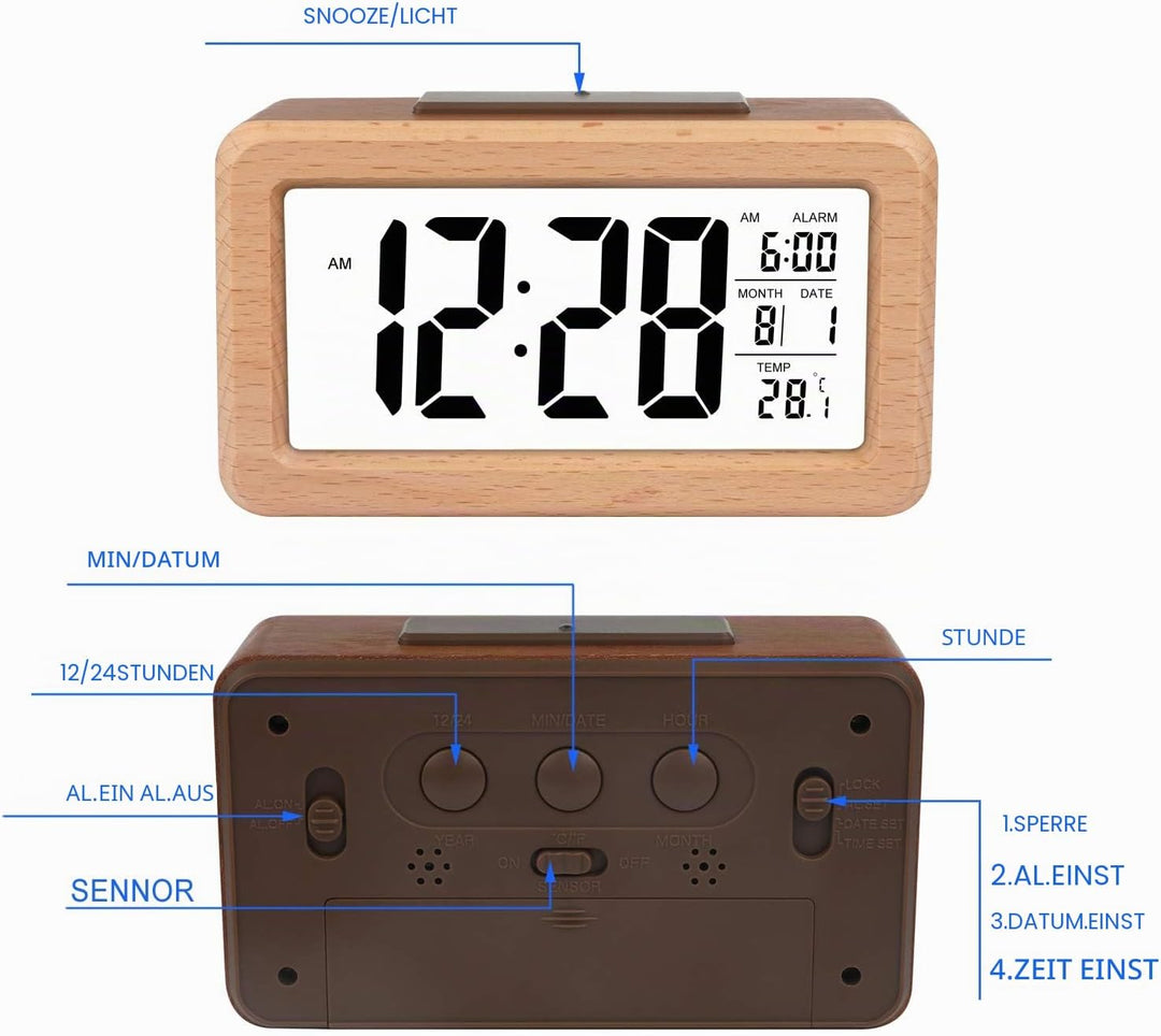 DTKID Wecker,Digital Wecker aus Holz Mit Grosser LCD Display Datum Und Temperatur Anzeige Mit Snooze