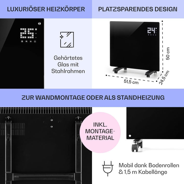 Klarstein Elektroheizung, Konvektor-Heizung mit Bodenrollen, Mobile Energiesparend, Leise , Standger