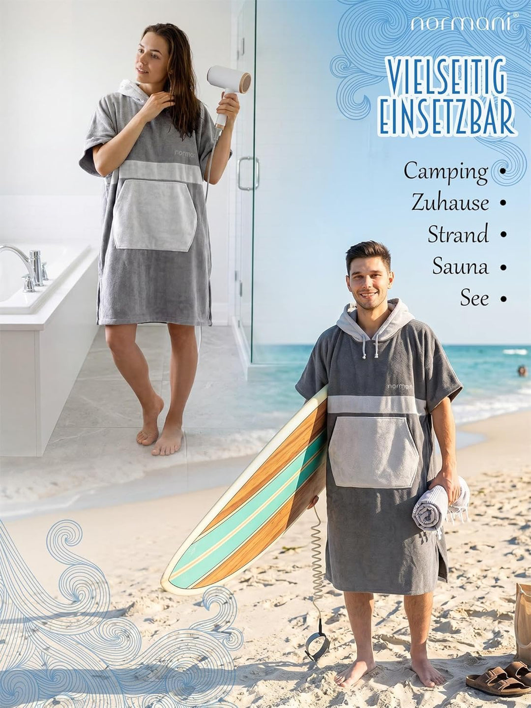 normani Baumwoll Surfer Poncho - Strandponcho - Handtuch-Poncho - Unisex Strand Umziehhilfe - geschl
