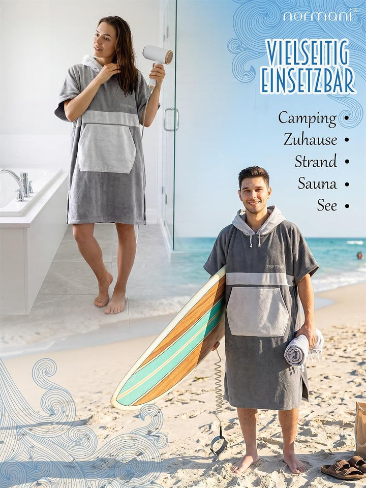 normani Baumwoll Surfer Poncho - Strandponcho - Handtuch-Poncho - Unisex Strand Umziehhilfe - geschl