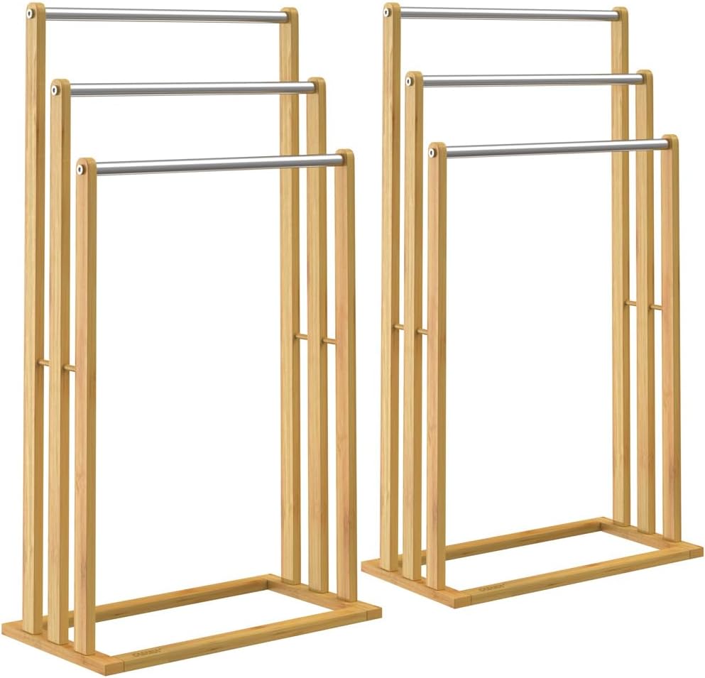 CASARIA® 2er Set Handtuchständer Freistehend Bambus Holz 84 x 46 x 24 cm 3 Edelstahl Stangen Handtuc