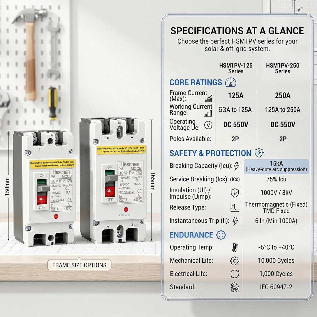 Heschen DC-Leistungsschalter MCCB, 2-polig, DC550V, Photovoltaik-Leistungsschalter, für PV-Solaranla