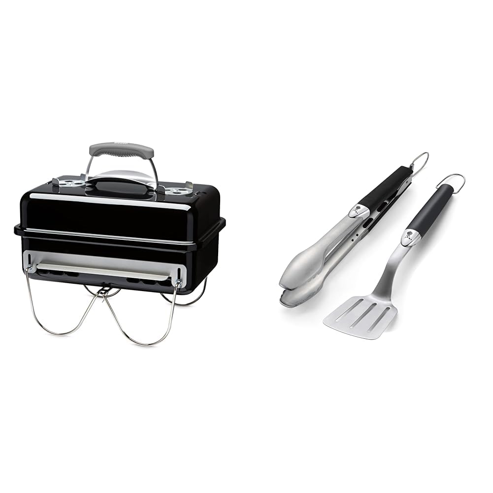 Weber Go-Anywhere Holzkohlegrill, portabel, Schwarz (1131004), 27x31x43 cm & 6645 Grillbesteck Kompa