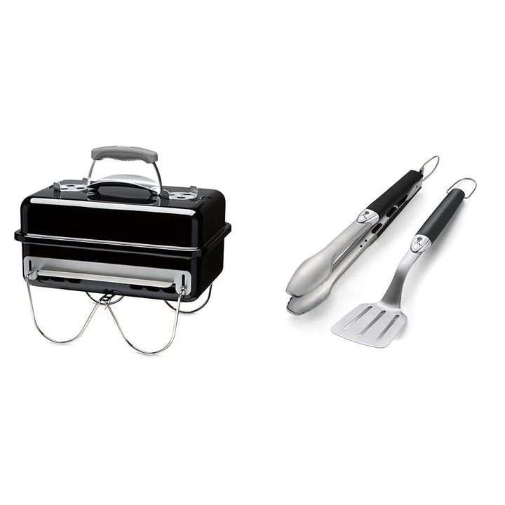 Weber Go-Anywhere Holzkohlegrill, portabel, Schwarz (1131004), 27x31x43 cm & 6645 Grillbesteck Kompa
