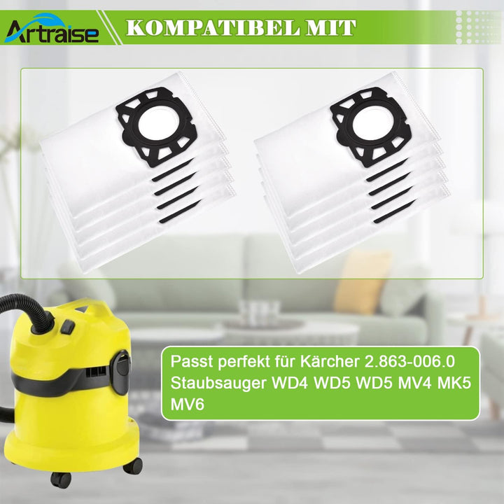 Artraise KFI 487 Staubsaugerbeutel für Kärcher 2.863-006.0 MV4 Staubsaugerbeutel 10 Stück Vliesfilte