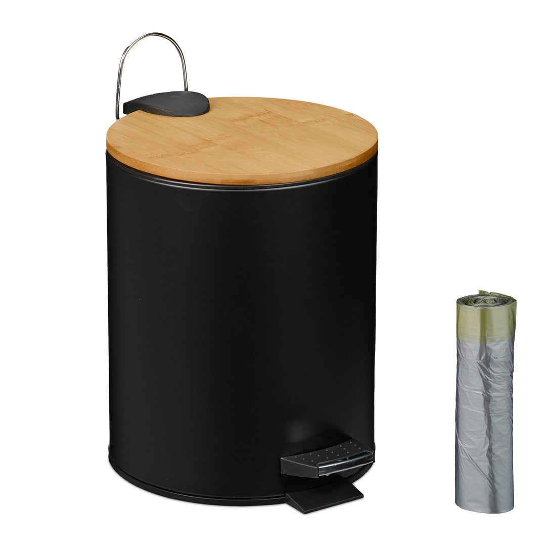 Relaxdays Kosmetikeimer 5 L, Absenkautomatik, Inneneimer entnehmbar, Badmülleimer, Metall, Bambus, M
