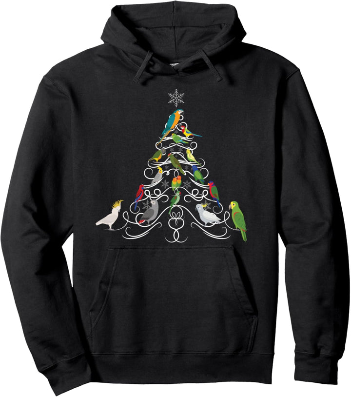 Cartoon Papageienherde, Schneeflocken-Weihnachtsbaum Pullover Hoodie