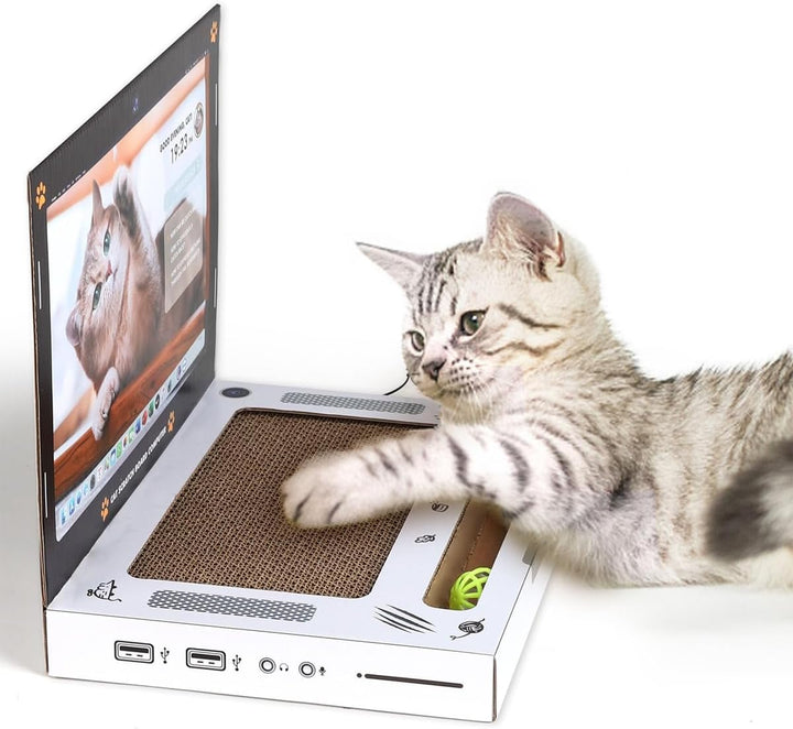 Laptopförmiges Katzenkratzkissen Mit Plüschmaus Aus Alter Zeit. Robuste Wellpappe. Faltbares, Platzs