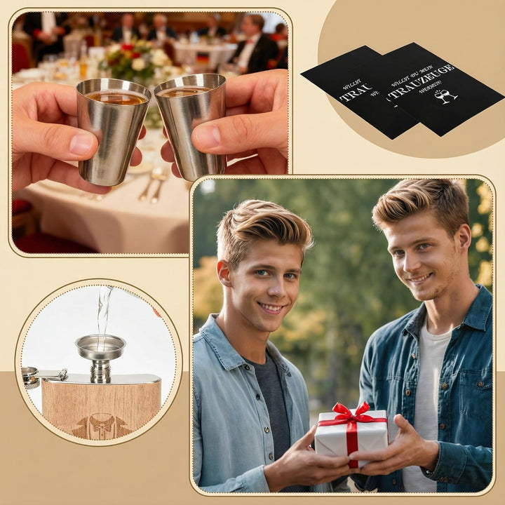 Flachmann Geschenkset 8oz mit Gravur – Edelstahl Flachmann, 4 Becher, Trichter & Geschenkbox für Tra