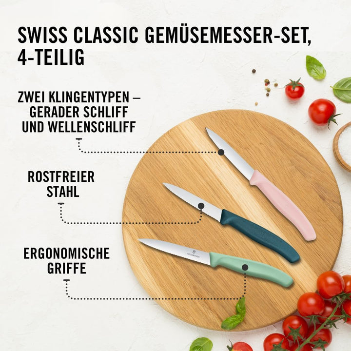Victorinox Swiss Classic, Tomaten- und Gemüsemesser Set, 4teilig, Scharfe Klinge, 8 und 10 cm, Welle