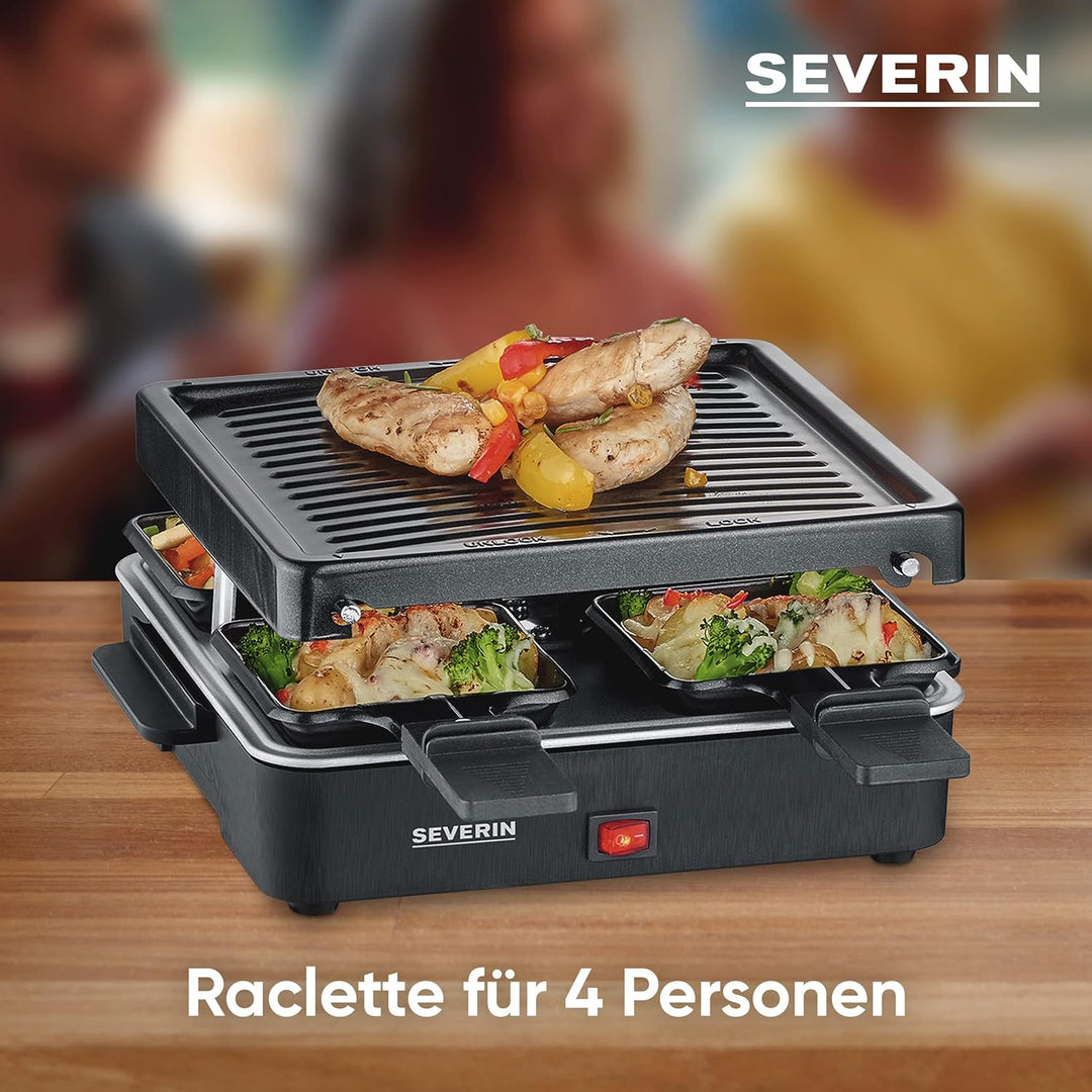 SEVERIN Mini Raclette-Grill, kleines Raclette mit antihaftbeschichteter Grillplatte und 4 Raclette P