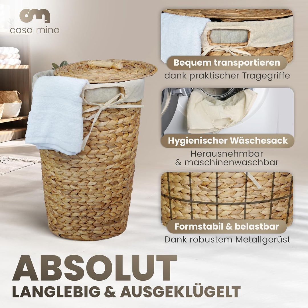 Casa Mina® Wäschekorb mit Deckel D40 x H65cm hoch I Atmungsaktiver Wäschekorb geflochten aus 100% Na