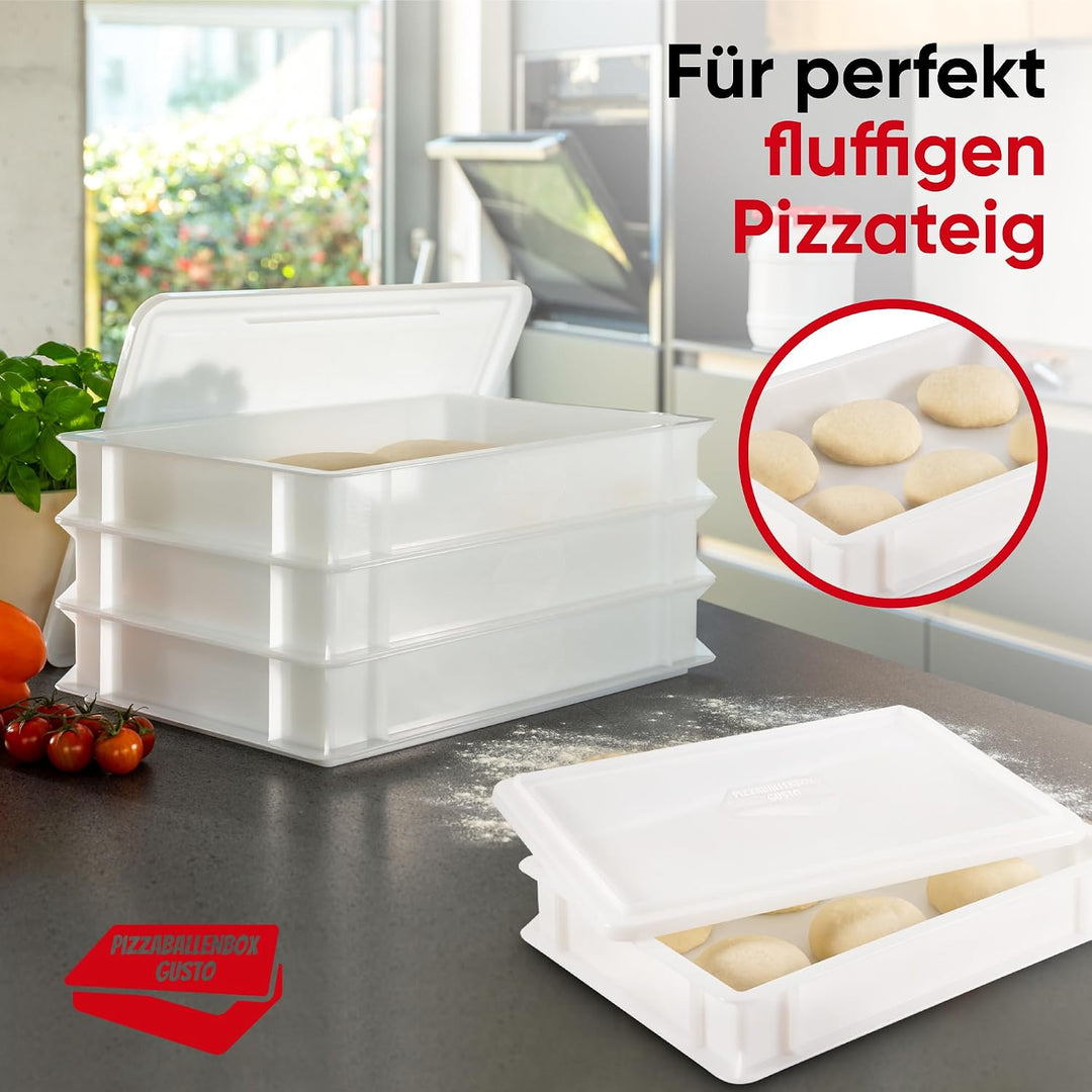 DIE BOX FABRIK 3x Pizzaballenbox Gusto + 1x Deckel (Grösse 40 x 30 x 7 cm) Weiss, stapelbarer Kunsts
