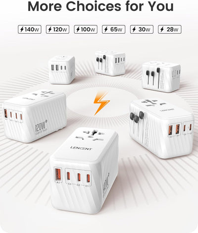LENCENT Internationaler Reiseadapter, 65W GaN3 Universeller Adapter mit 2 USB A+3 Typ C PD, Weltweit
