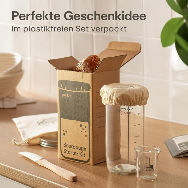 Praknu Sauerteig Starter Set aus Glas (700ml) Komplett-Set mit Anleitung für Einsteiger & Zuhause ba