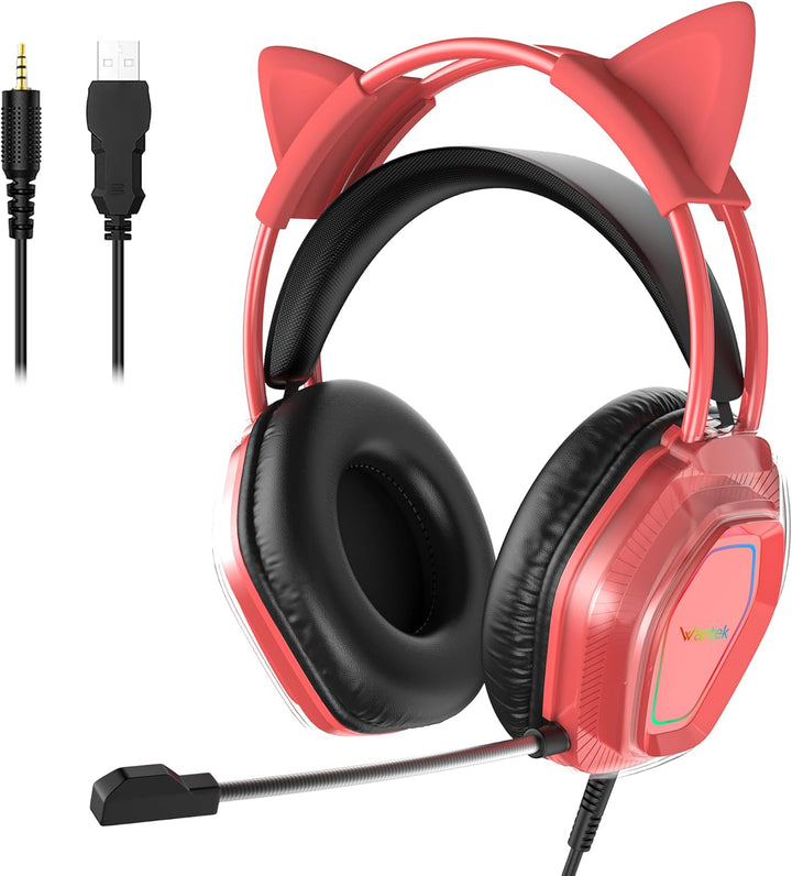 Wantak Katzenohr Kopfhörer mit Mikrofon – Kabel (3,5mm/USB) – Gaming Headset für PC/PS5/Xbox – Noise