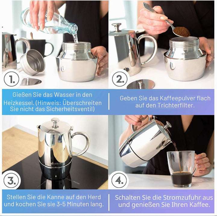VeoHome Mokka Pot Espressokocher 6 Tassen 300 ml - Edelstahl italienische Mokka kanne Induktionsherd