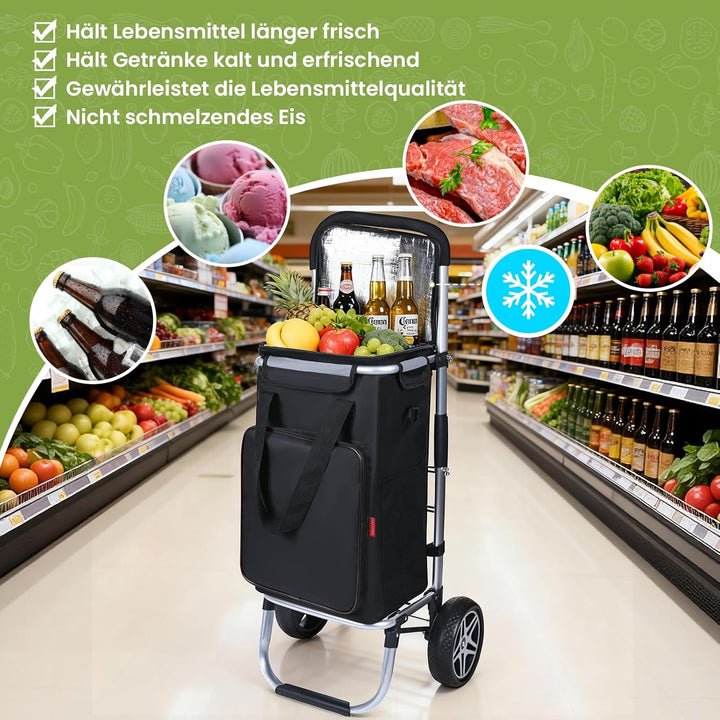 YEAUPE PRO Einkaufswagen mit Kühlfach | max. 50L & 25kg Traglast | Klappbarer 3in-1 Trolley Sackkarr