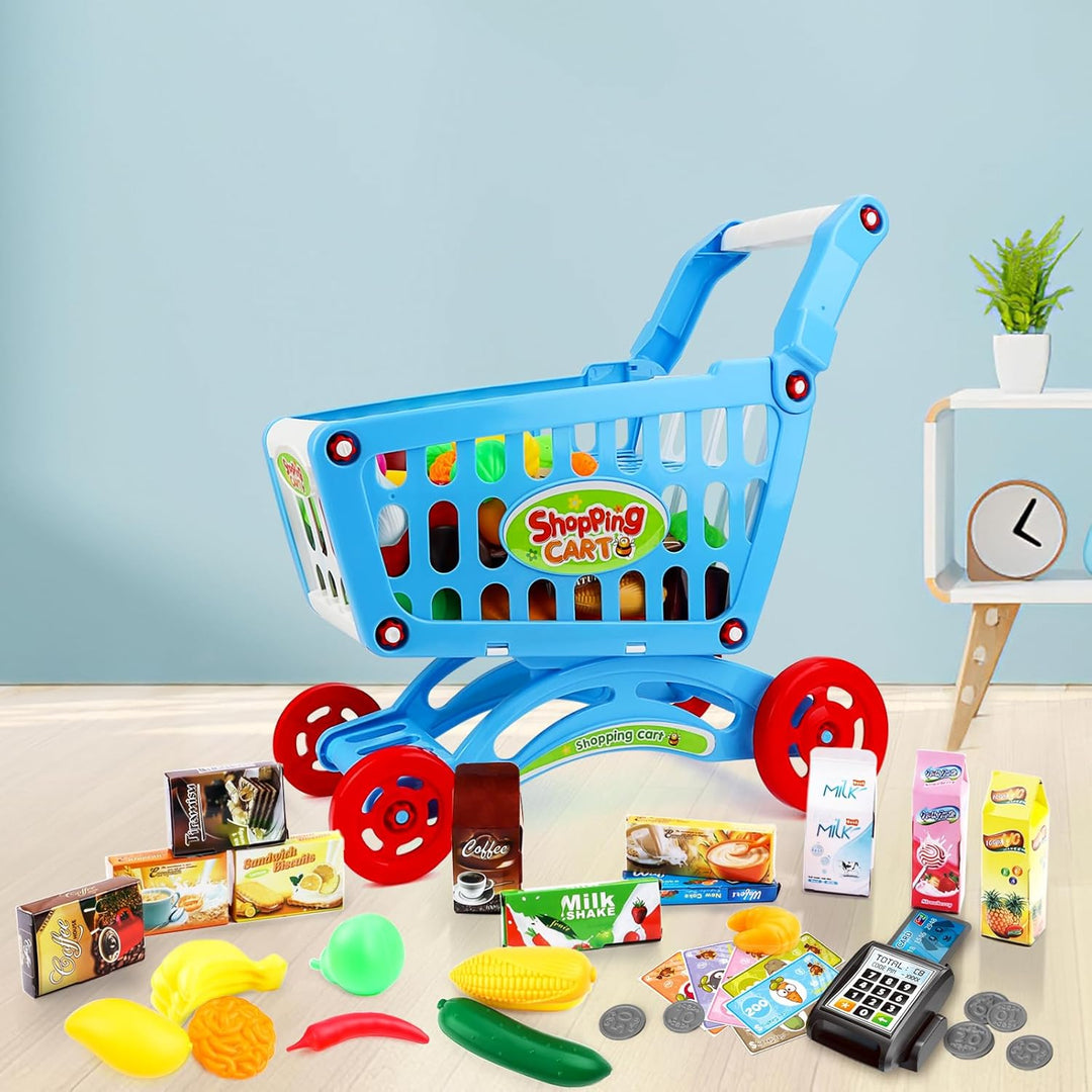 deAO Kinder Einkaufswagen Spielset Gefüllt mit 65 Kuststofflebensmitteln Spielzeug für Jungen und Mä