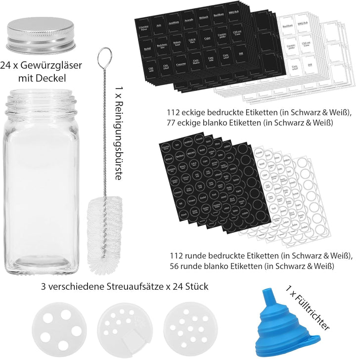 VonBueren Gewürzgläser eckig | Set mit 24 x 120 ml | Gewürzbehälter mit Streueinsatz | spice jars gl