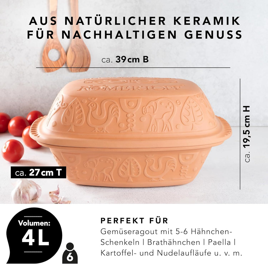 Römertopf Bräter Klassiker grosser Keramik Dampfgarer aus Naturton für bis zu 6 Personen 4 Liter, 4