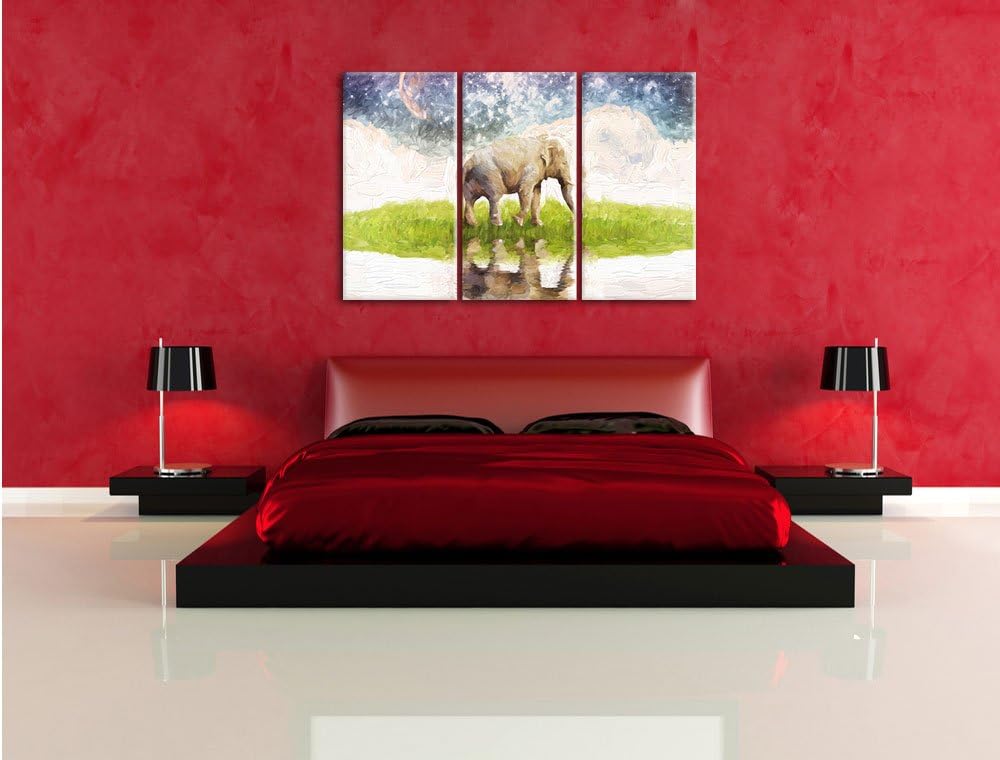 Pixxprint Elefant am Wasser / 3-Teilig/Gesamtmass 120cm Leinwandbild bespannt auf Holzrahmen/Wandbil