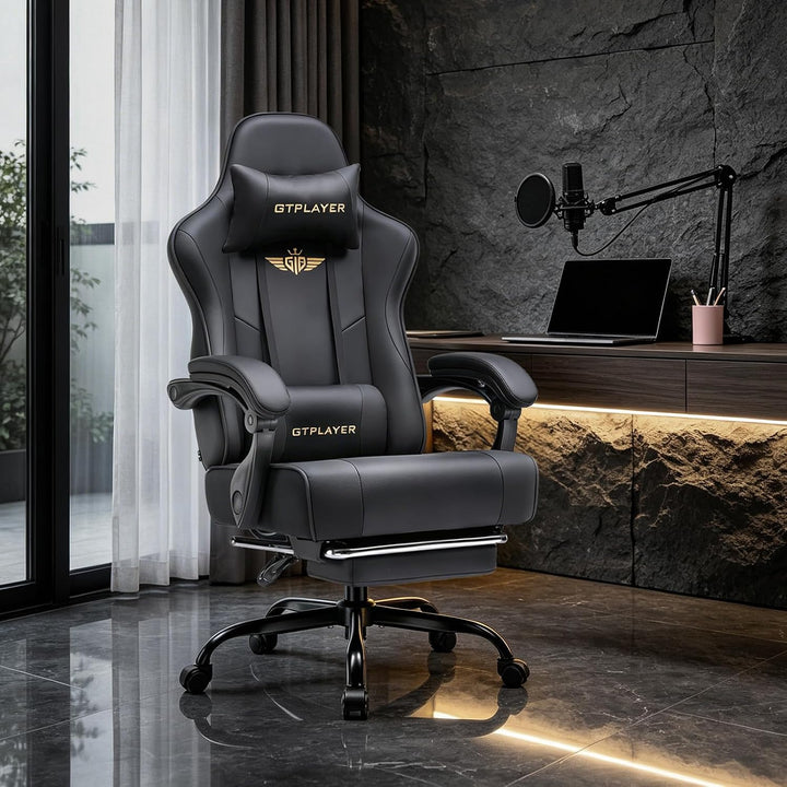 GTPLAYER Gaming Stuhl Chair Gamer Sessel - Ergonomischer Gamer Stuhl mit Fussstütze Kopfstütze und L