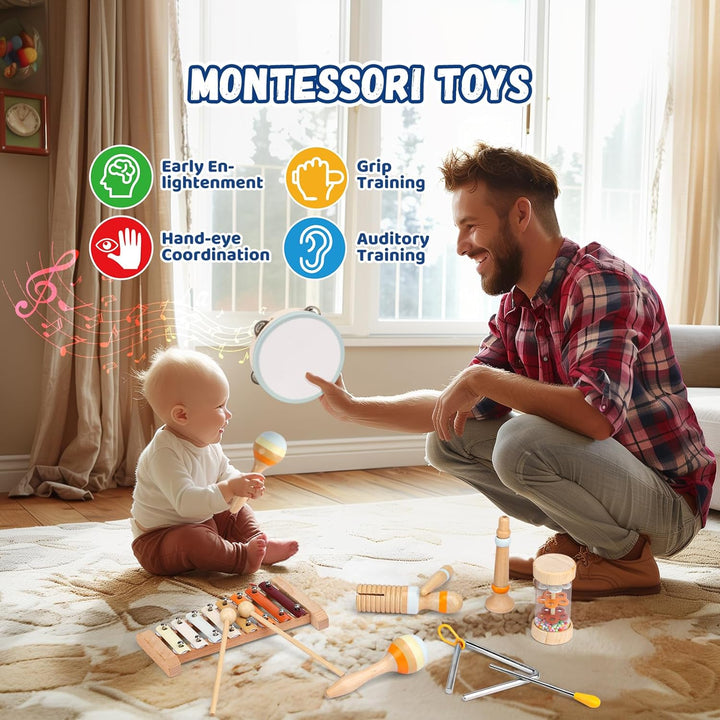Musikinstrumente für Kinder, Musikspielzeug Baby Trommel Xylophon Holz Montessori Spielzeug, Sensori