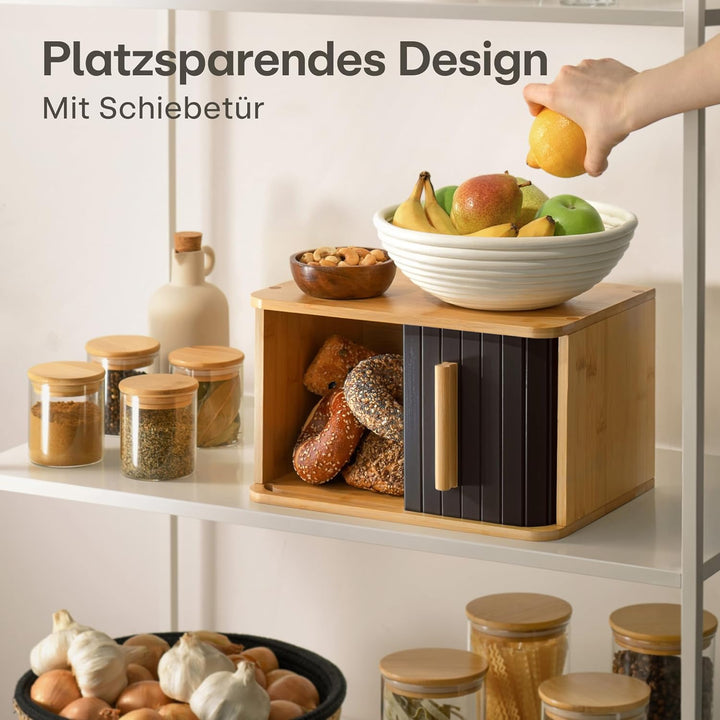Praknu Brotkasten klein aus FSC® Holz mit Schiebetür - Brotaufbewahrung 33x23cm - Platzsparend und s